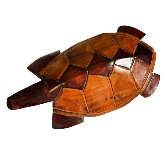 Vintage Sea Turtle Figurine Hand-Carved Wooden Two Tone 12" Long - Picture 1 of 12